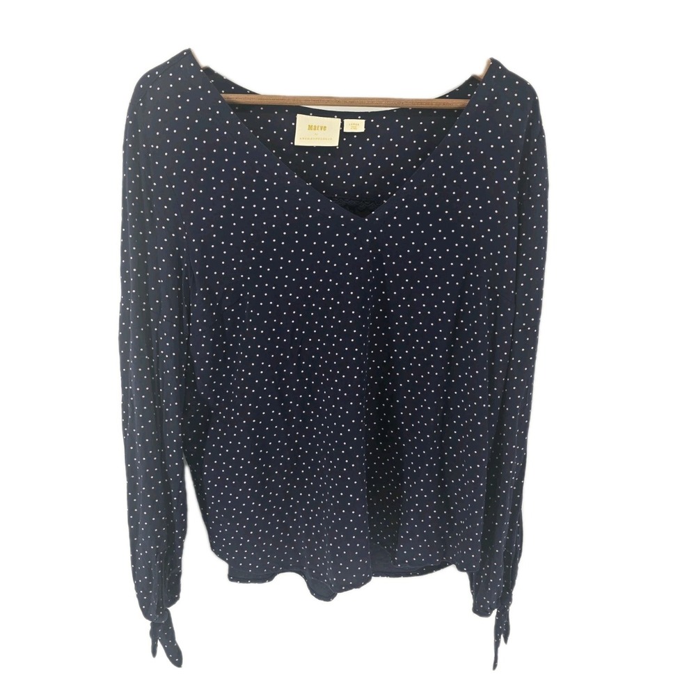 Maeve Anthropologie Blouse Womens Large Navy Polka Dot V-Neck Tie Cuff OB824576